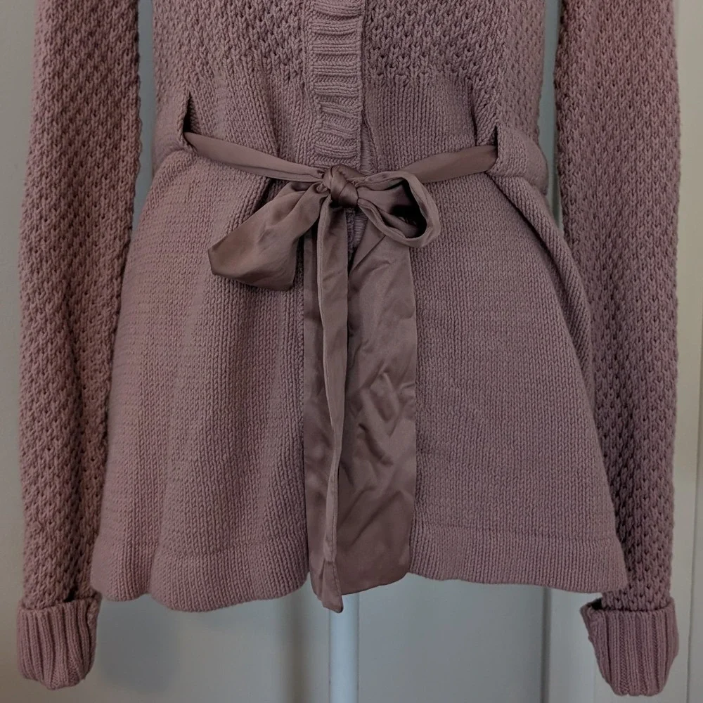 Elle Women's Chunky Cardigan Sweater SMALL Fitted‎ Layer Satin Bow Easter Mauve